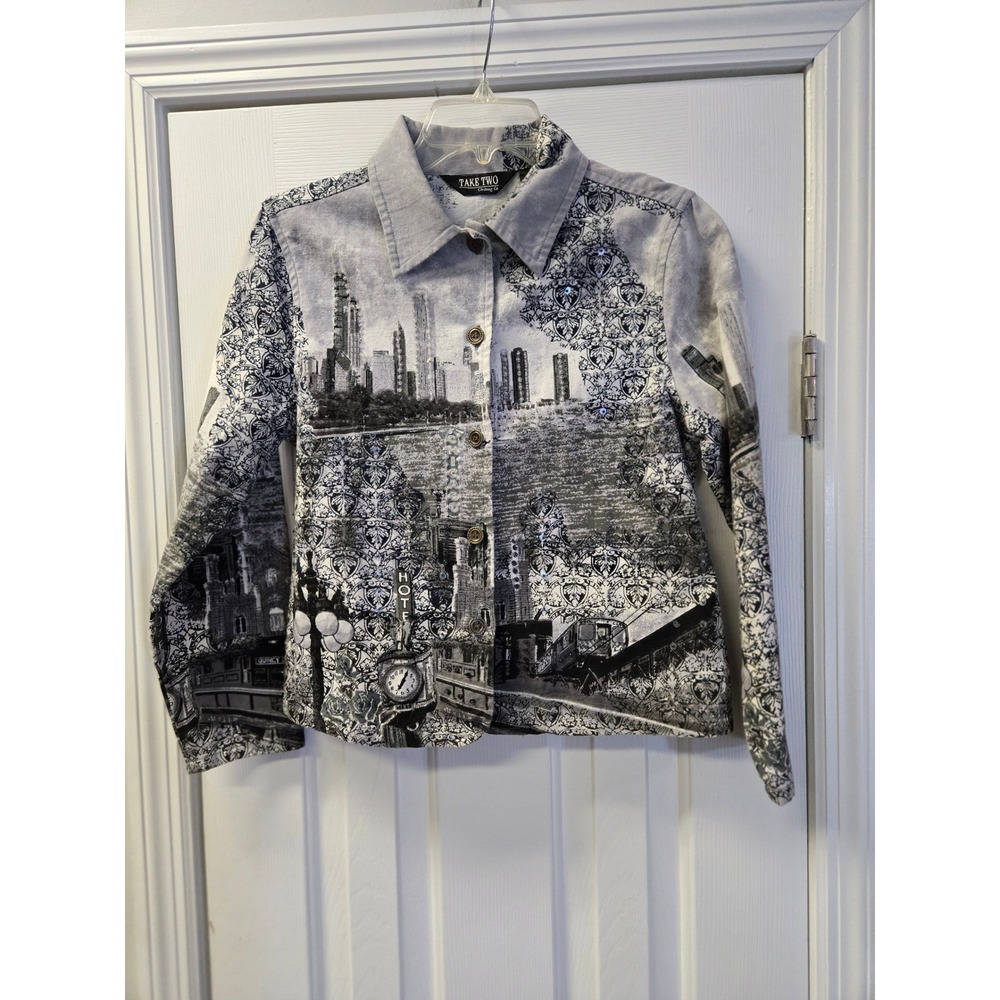 Chicago City Skyline Sequin‎ Damask Cotton Jacket Blazer Grey PS Art to Wear
